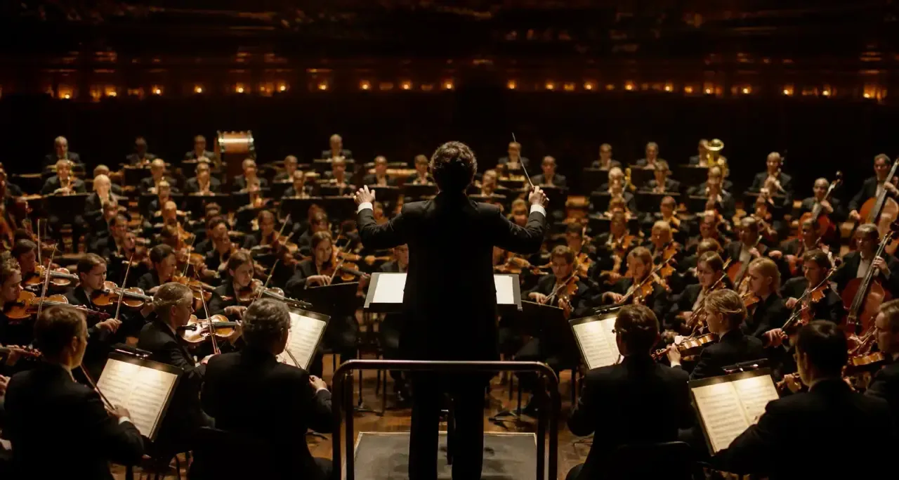 Chef d'orchestre de dos dirigeant un orchestre symphonique sur scène
