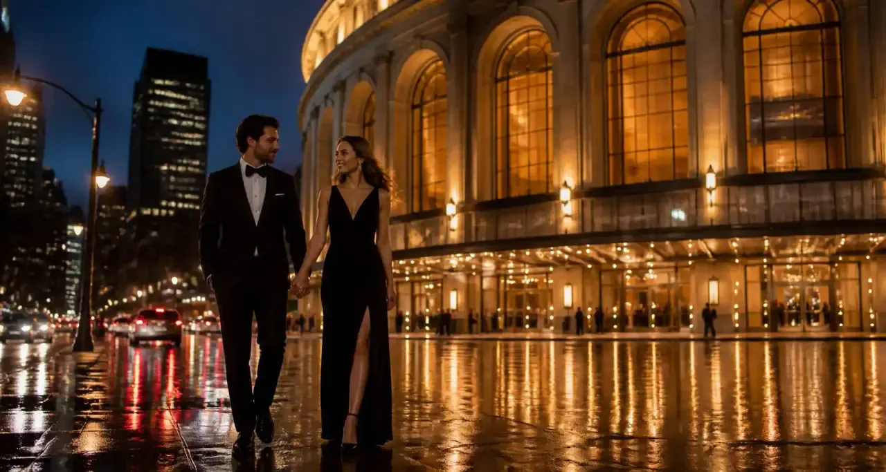 Couple élégant devant une salle de spectacles la nuit