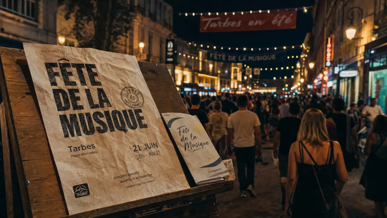 Tarbes fête de la musique : affiche froissée et programme de concerts gratuits