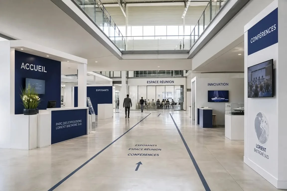 Intérieur du parc des expositions lorient bretagne sud avec grand hall modulable et espace de réunion
