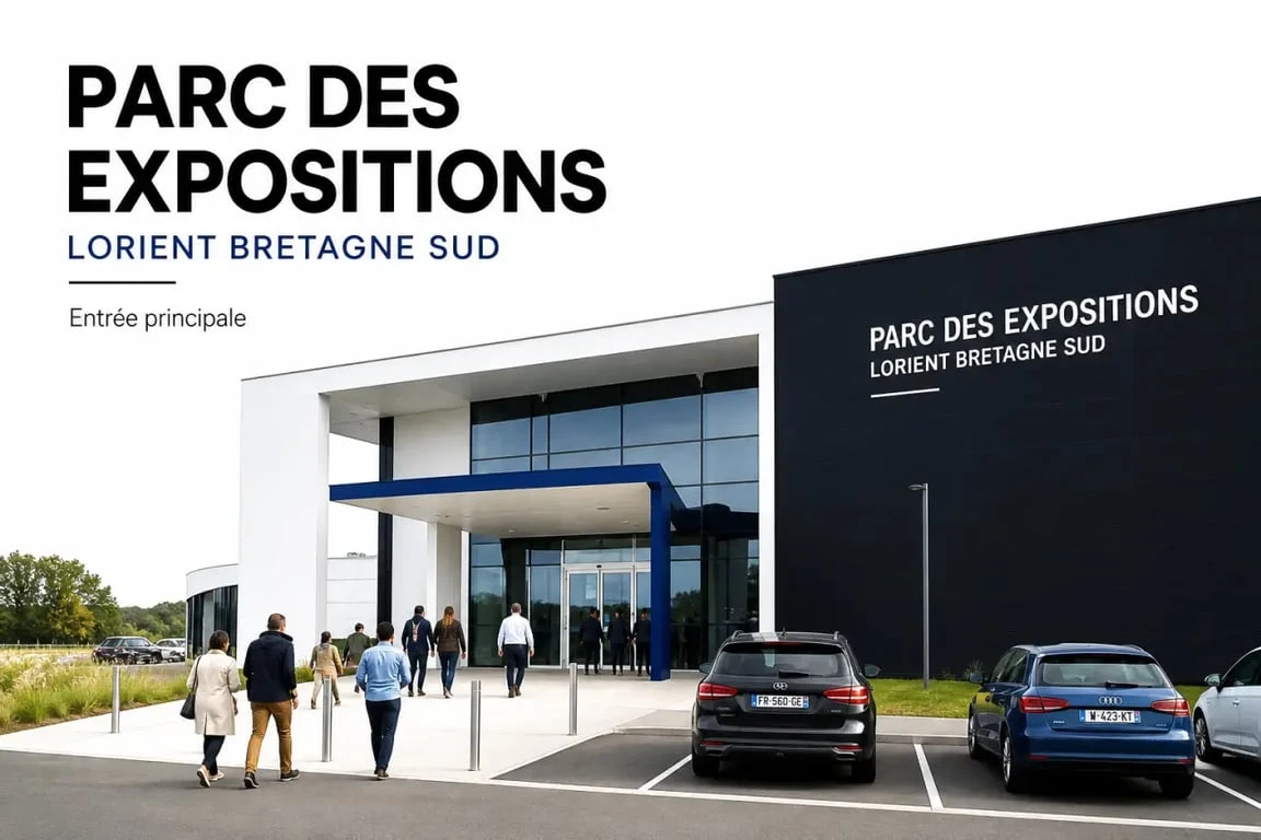 Parc des expositions lorient bretagne sud vu de l'extérieur avec entrée principale et arrivées visiteurs
