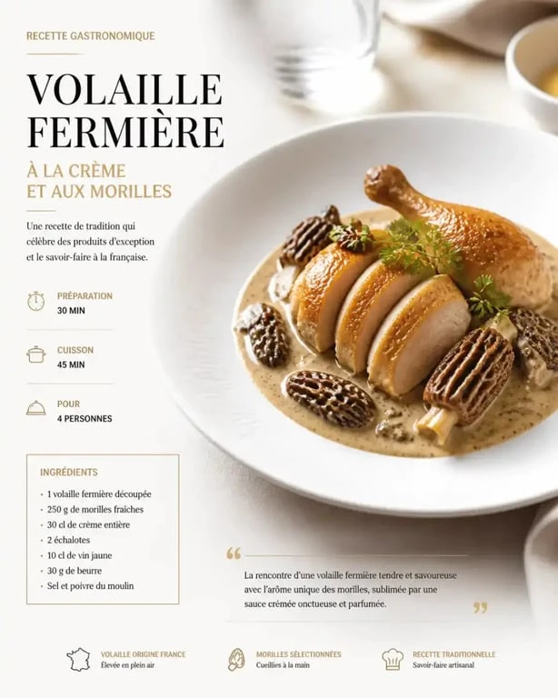 Plat de volaille fermière à la crème et aux morilles au restaurant de l'hôtel Charlemagne Lyon