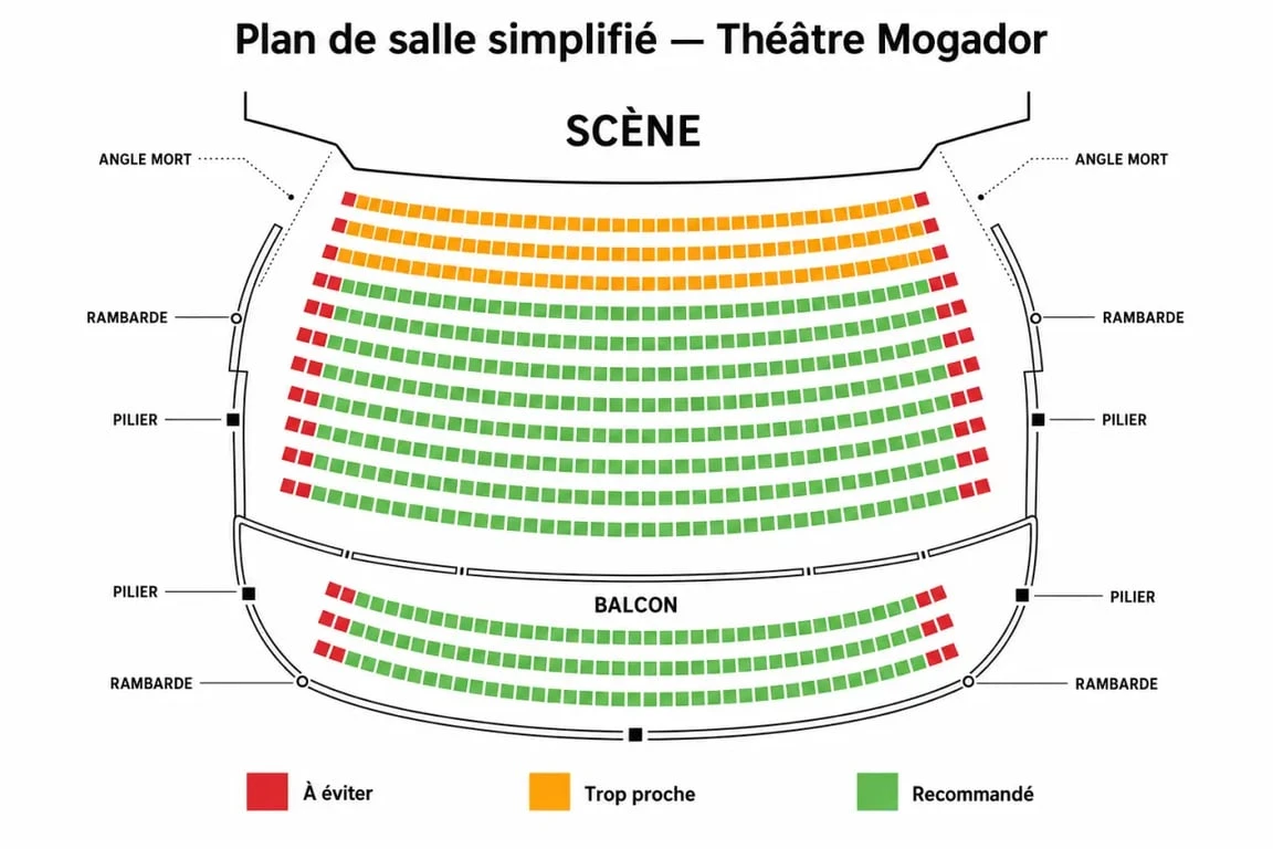 Théâtre Mogador place à éviter : plan simplifié des zones à fuir et des meilleures places au centre de la salle