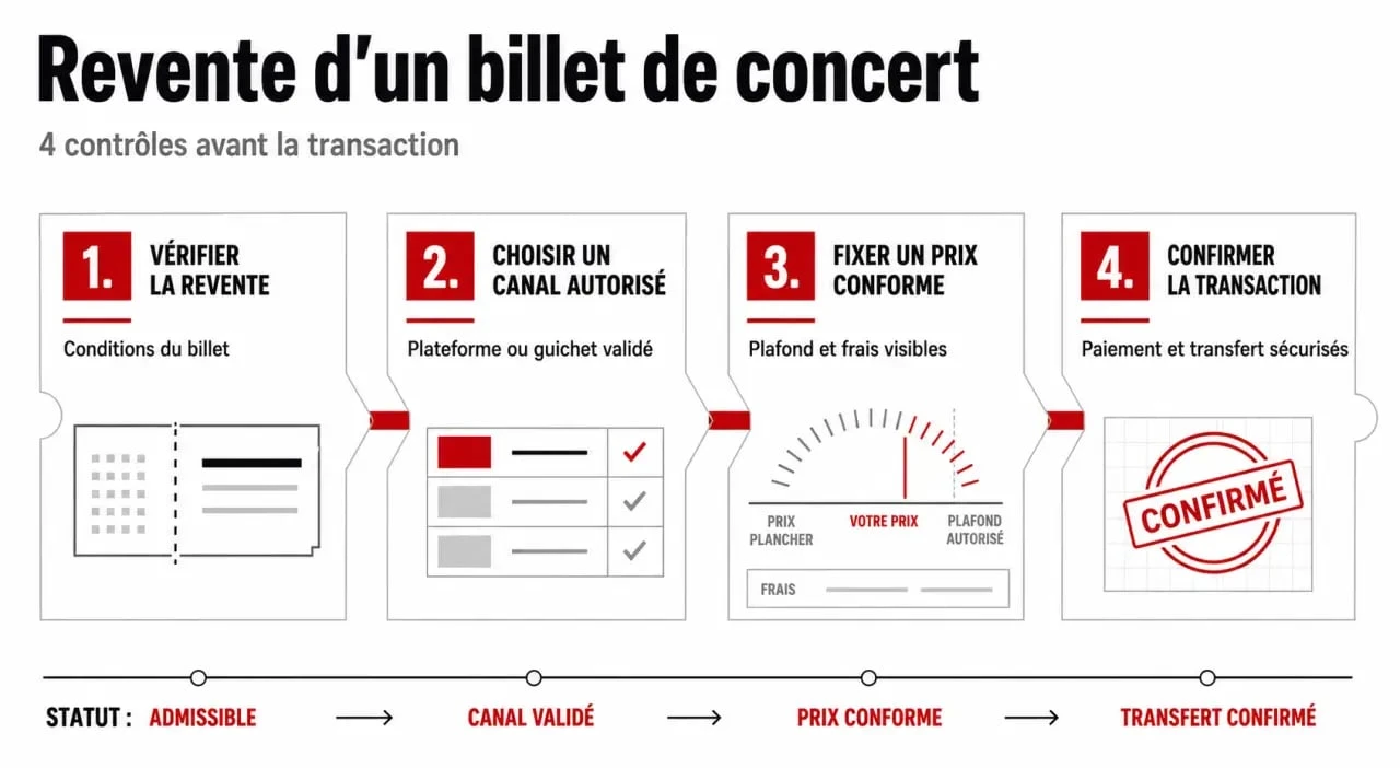Comment revendre des billets de concert : parcours en 4 étapes pour vérifier le billet, choisir le bon canal, fixer un prix conforme et confirmer la revente