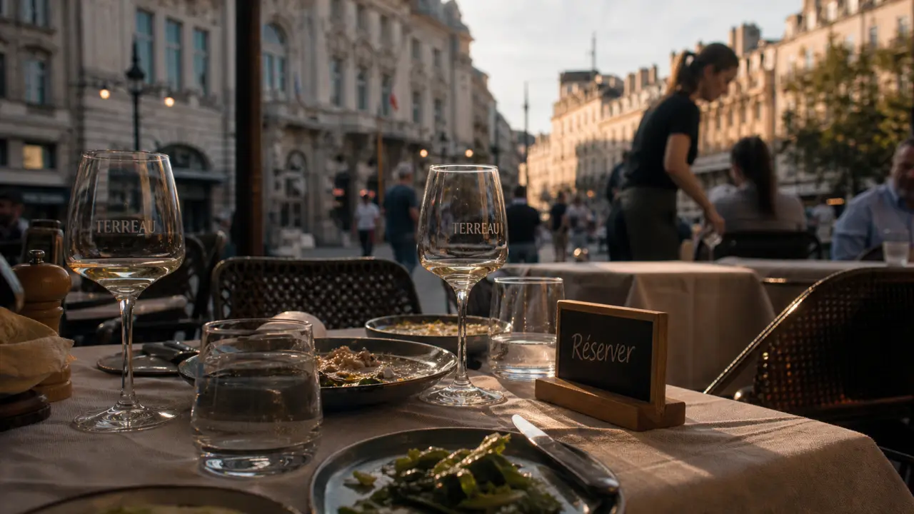 Restaurant hôtel de ville lyon : table en terrasse près de l’Hôtel de Ville