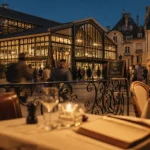 Restaurants place du marché dijon : terrasse avec nappes et verres, ambiance fin d’après-midi