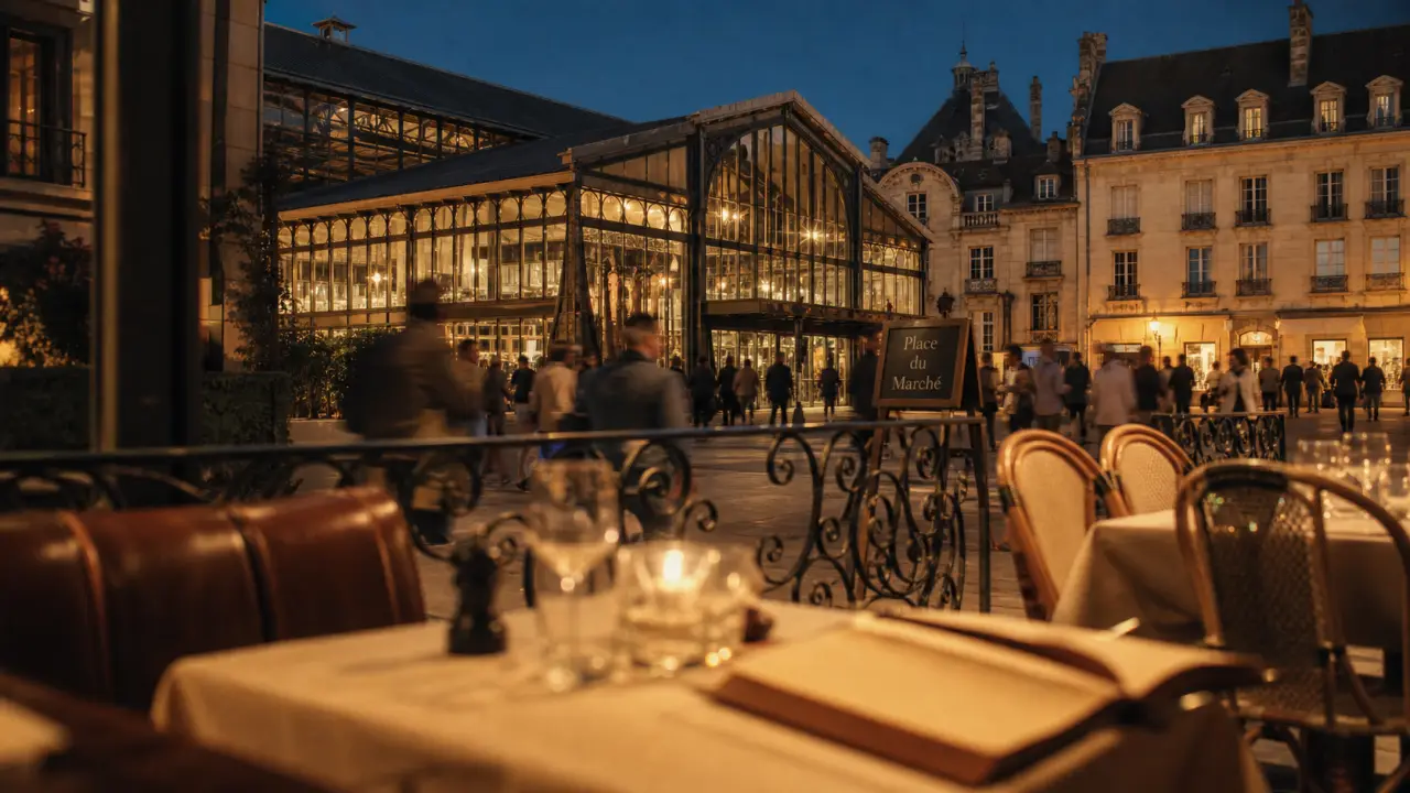 Restaurants place du marché dijon : terrasse avec nappes et verres, ambiance fin d’après-midi