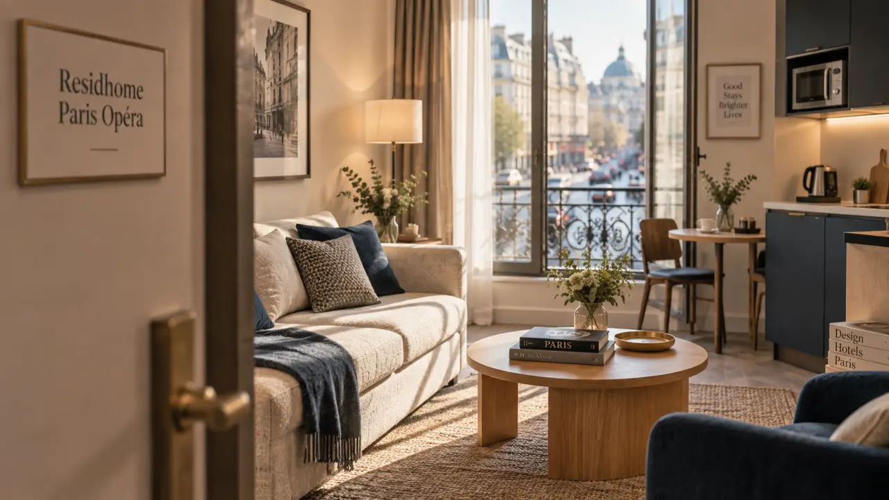 Appart hôtel residhome paris opéra : salon lumineux d’appartement autonome près de l’Opéra