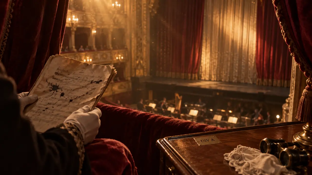 Diva opéra en loge de théâtre lyrique, velours rouge