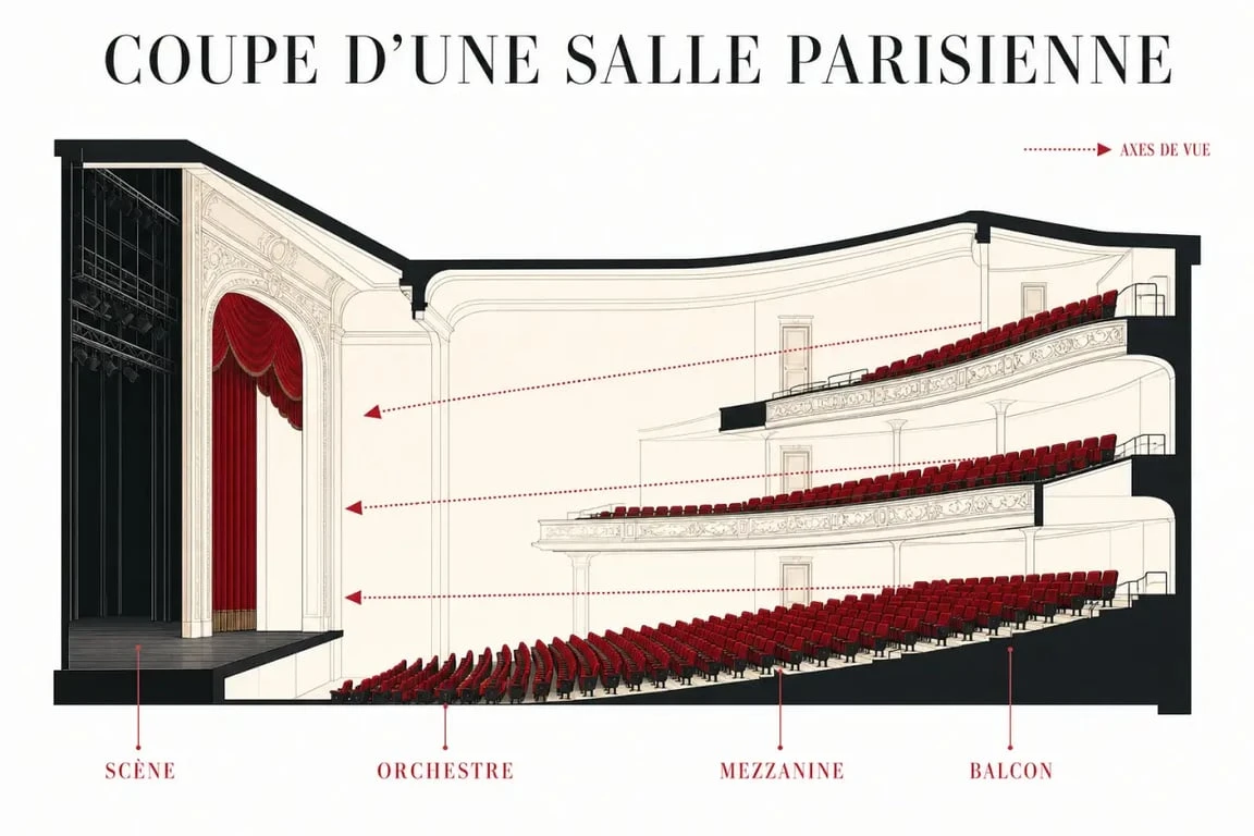 Plan salle théâtre Mogador Le Roi Lion en coupe montrant orchestre, mezzanine et balcon