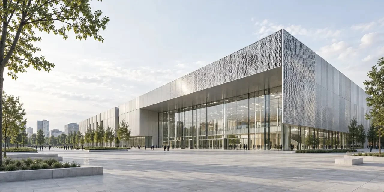Nouveau parc des expositions de Strasbourg vu depuis ses abords paysagers