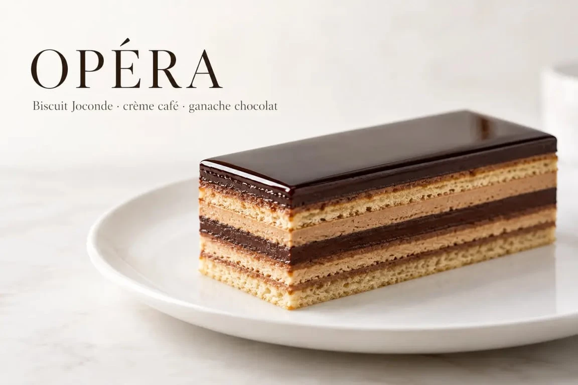 Pâtisserie Opéra au café et au chocolat avec ses couches fines visibles