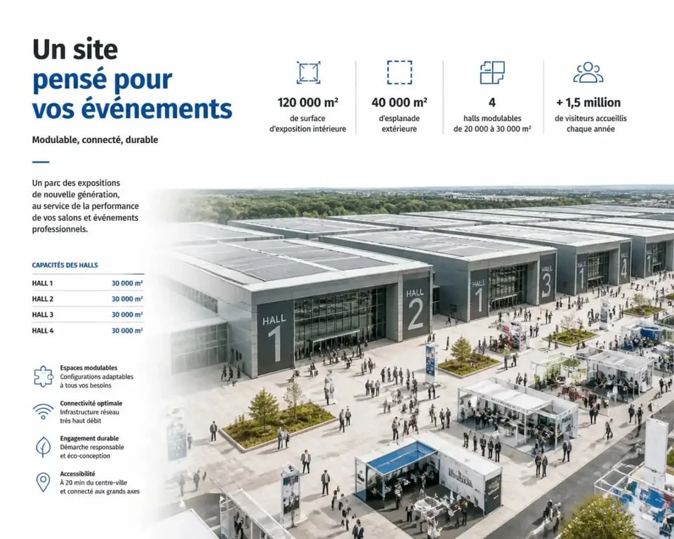 Parc des expositions de Metz vu d'ensemble avec halls modulables et esplanade