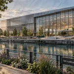 Nouveau parc des expositions de Strasbourg, quai au bord du canal et nef multifonction