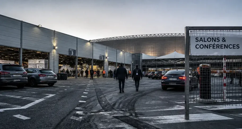 Parc des expositions de Metz : entrée parking, halls et visiteurs à l’aube