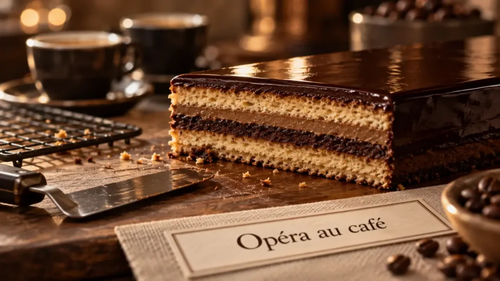 Pâtisserie opéra au café, couches fines biscuit amande, crème café et chocolat