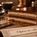 Pâtisserie opéra au café, couches fines biscuit amande, crème café et chocolat