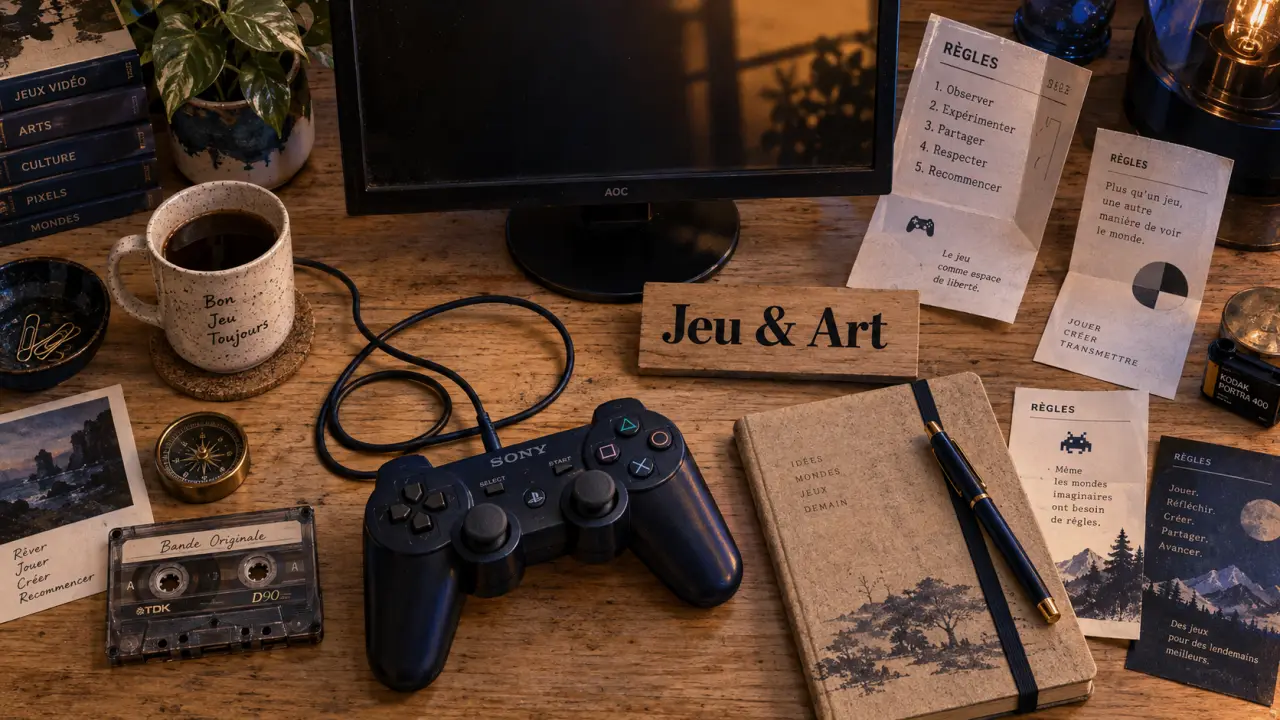 Le jeu vidéo est il un art : manette, écran éteint et carnet de création