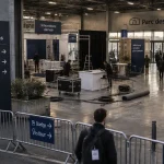 Entrée du parc des expositions d'Alès Agglomération avec visiteurs et signalétique