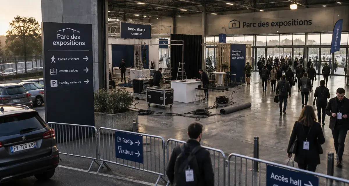Entrée du parc des expositions d'Alès Agglomération avec visiteurs et signalétique