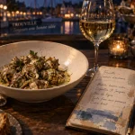 Restaurant trouville gastronomique : table raffinée aux fruits de mer et vin blanc