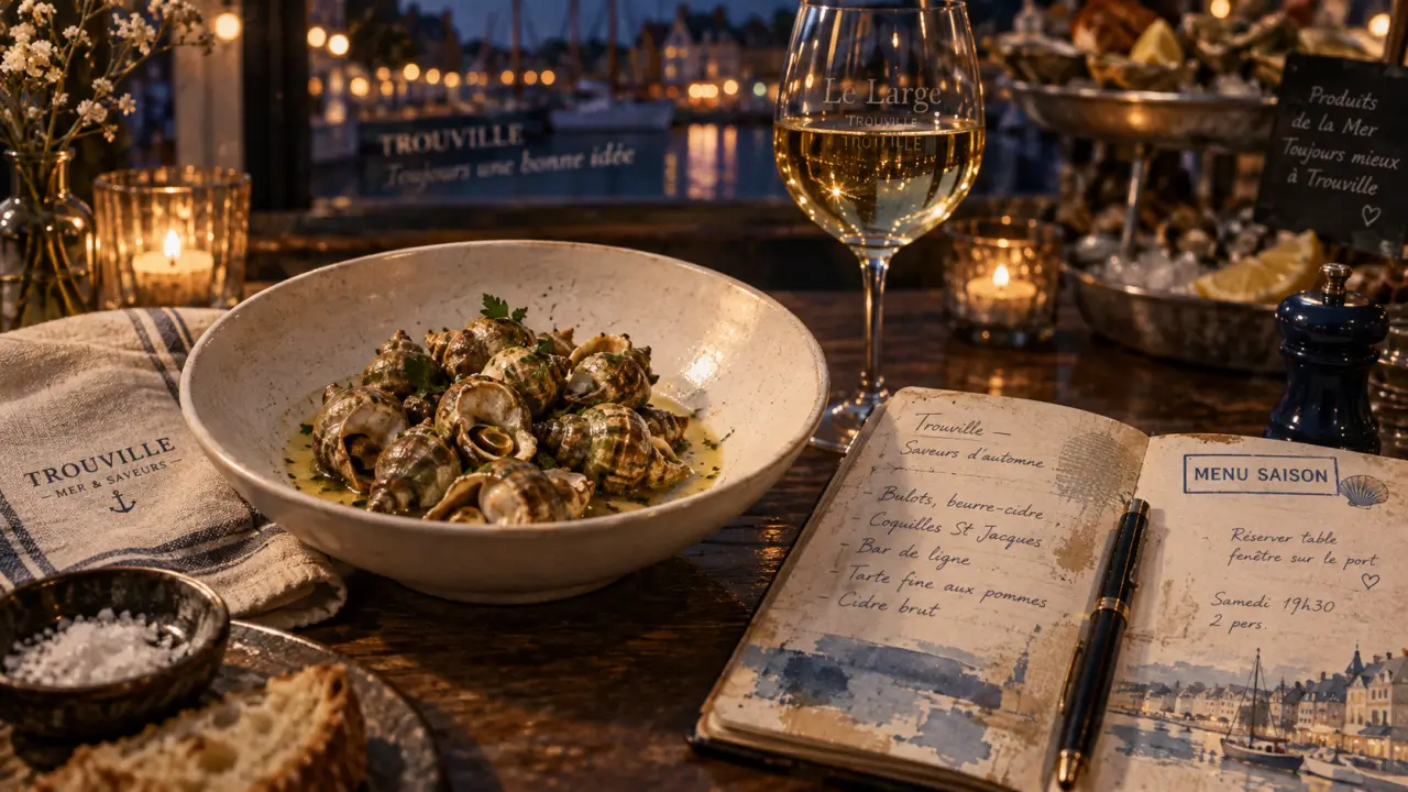 Restaurant trouville gastronomique : table raffinée aux fruits de mer et vin blanc
